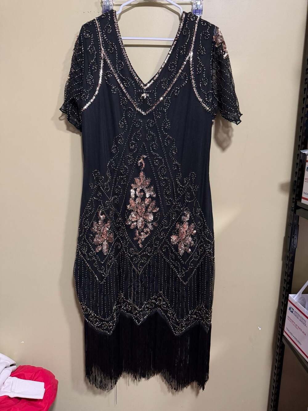 BabeYond Black Beaded Flapper Style Dress with Fringe